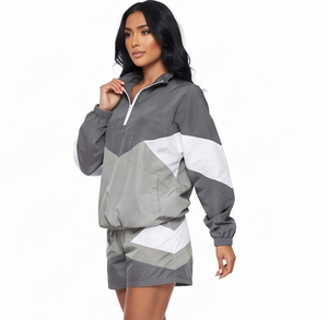 Ladies Quarter Zipper <b>Wind</b> <b>Breaker</b> Shorts Set 100% Nylon Long Sleeve Running Gym Wear Drop Shoulder Windbreaker Set Women's - Product Image 6
