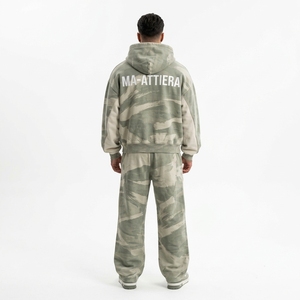 Men Sage Green <b>Camouflage</b> Zip Up Hoodie <b>Tracksuit</b> Set Oversized Loose Fit Streetwear Custom OEM ODM Wholesale - Product Image 2