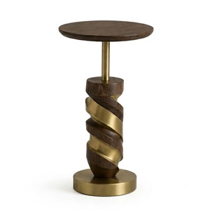 Farmhouse <b>Round</b> Wooden <b>Side</b> <b>Table</b> with Brass Accents Modern Design for Living Room Home Furniture - Product Image 2