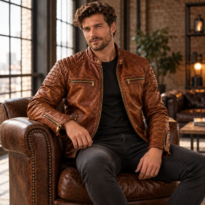 Chaqueta de moto de cuero genuino para hombre en negro, diseño texturizado con paneles acolchados en los hombros, cremalleras de latón, puños con cremallera y bolsillos - Product Image 6