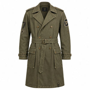 Gabardina Táctica de Mezclilla Lavada Color Oliva para Hombre, Talla Grande, con Bolsillos Utilitarios, Cinturón y Estilo Duster Largo - Product Image 2