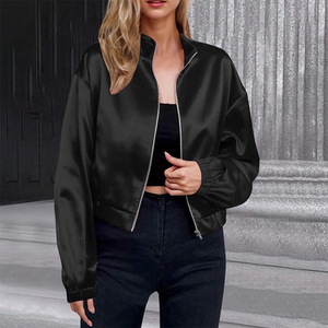 Chaqueta Bomber de Satén para Mujer Tallas Grandes, Color Negro, Oversize, con Cierre Completo, Chaqueta Varsity de Satén de Seda con Servicio OEM - Product Image 6