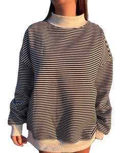 Conjunto de Sudadera Oversize a Rayas con Hombros Caídos para Mujer, de Algodón y Bambú Tejido Transpirable, Cuello Redondo, Manga Larga y Pantalones Cortos para Otoño - Product Image 3