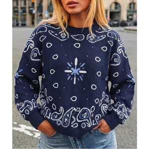 Pull-over en maille jacquard unisexe bleu marine vintage à motif bandana, coupe ample, col rond, style streetwear, OEM - Product Image 6