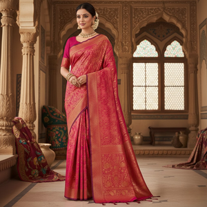 Sari de Seda Tejido a Mano para Mujer |   Ropa Tradicional de Alta Calidad para Bodas, Fiestas y Celebraciones |   Última Colección de Diseñador - Product Image 2