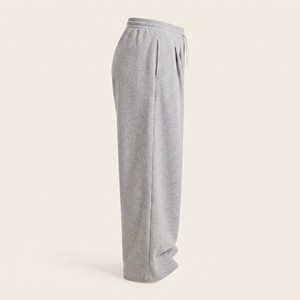Pantalon taille haute à jambe large et droite, couleur unie, en coton éponge, coupe ample, longueur intégrale, plissé, décontracté, gris automne, élastique, haute qualité - Product Image 3