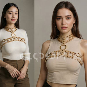 Harnais de poitrine en similicuir beige à pointes avec collier ras du cou - Product Image 5