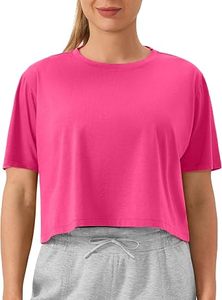 Camiseta Deportiva Corta para Mujer, Color Rosa Sólido, Cuello Redondo, Manga Corta, Tejido Transpirable, Estilo Casual - Product Image 5