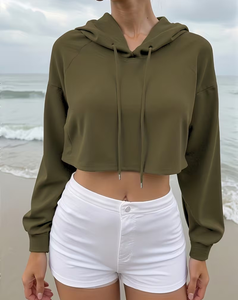 Women's Olive Green Cropped Hoodie Long Sleeve Solid Knitted Fleece Polyester/Cotton Pockets Winter Style Breathable Casual Wear - Product Image 3