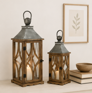 Vintage Farmhouse Wooden Candle <b>Lantern</b> <b>Set</b> of 2 Rustic Distressed Brown Decorative <b>Lantern</b> with Antique Metal Top for Home - Product Image 1