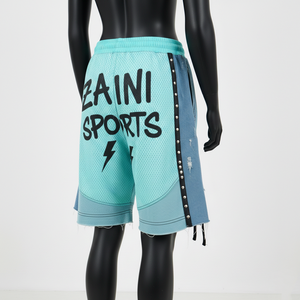 กางเกงขาสั้นผู้หญิงพรีเมียม 180 GSM ผ้าโพลีเมชระบายอากาศสีเขียวอมฟ้า แต่งแถบข้างด้วยผ้าเดนิม พร้อมโลโก้แบบรีดร้อนตามสั่ง - Product Image 5