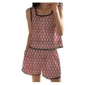 Fabrication de pyjamas pour femmes, ensemble de nuit doux avec dentelle, short et haut sans manches, imprimé, printemps/été - Product Image 1