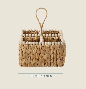 Water Hyacinth Utensil Caddy 4 Compartment Woven Silverware Holder with Handle Wood Beads Decorative Cutlery Basket For Kitchen - Product Image 6