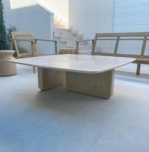 Table basse carrée en marbre travertin, table de patio extérieure 48x48x13, mobilier moderne pour jardin, terrasse, salon - Product Image 1