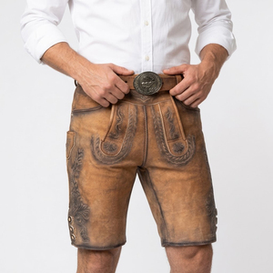 Lederhose pour homme en cuir de chèvre bavarois, respirant, à motif écossais, avec fermeture boutonnée, authentique costume d'Oktoberfest - Product Image 2