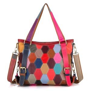 Ando <b>Bag</b> Genuine Cowhide Leather Tote <b>Bag</b> Women Multicolor Geometric <b>Patchwork</b> Zipper Shoulder Handbag - Product Image 1