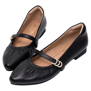 Zapatos Planos de Ballet Ann's de Cuero de Grano Completo con Hebilla de Perlas, Estilo Mary Jane, Casuales, Negros, Cómodos - Product Image 1