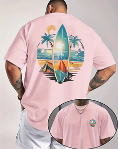 Men's Pink T-Shirt Short Sleeve O-Neck Digital <b>Print</b> Beach <b>Surf</b> Design Regular Fit 100% Cotton Jersey Breathable Casual 220g - Product Image 3