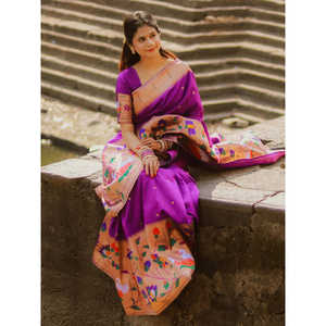 Saloni's <b>Purple</b> Paithani Silk <b>Saree</b> with Half Half Concept Big Border Zari Woven Indian & Pakistani Clothing 700g - Product Image 4