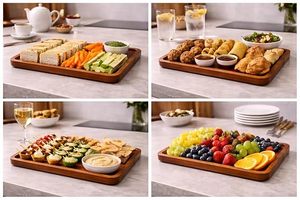 Plateau de service en bois artisanal avec bord surélevé, grand plateau rectangulaire pour servir les aliments, bois brun rustique, petit-déjeuner, collation, dîner - Product Image 5