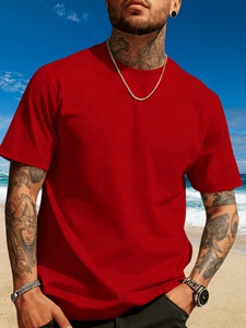 T-shirt rouge à manches courtes pour homme, col rond, coupe classique, décontracté, uni, en toile, couleur unie, design vierge, logo sur le devant - Product Image 4