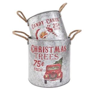 Vintage Metal Christmas <b>Bucket</b> Set with Santa and Tree Design, Rope Handles, Decorative Storage <b>Tins</b> - Product Image 4