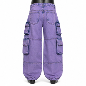Custom Wholesale Purple Baggy Denim Cargo <b>Jeans</b> High Quality Multi Pocket Streetwear Pants <b>with</b> <b>Elastic</b> Hem - Product Image 5
