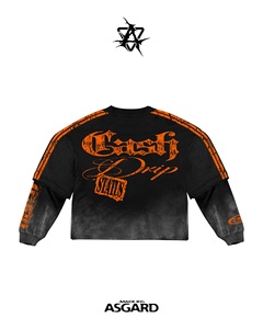 Ensemble haut court à manches superposées et pantalon large noir et orange, style Cash Drip Status |   Ensemble streetwear oversize assorti, fabrication OEM, marque privée - Product Image 2