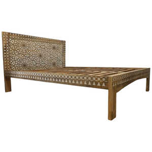 Traditional Handcrafted Solid Teak <b>Wood</b> <b>Platform</b> <b>Bed</b> with Intricate Inlay Headboard Eco-Friendly Premium <b>Bed</b> - Product Image 2
