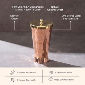 Handcrafted Copper Tumbler with Brass <b>Lid</b> Premium Serving Glass for Water Juice Beverages - Product Image 2