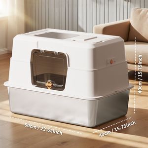 Toilette per Gatti Completamente Chiusa in Acciaio Inossidabile Spesso, Taglia XL, Bianca, Ampio Spazio Interno Anti-Perdita per un Maggiore Comfort dei Gatti - Product Image 1