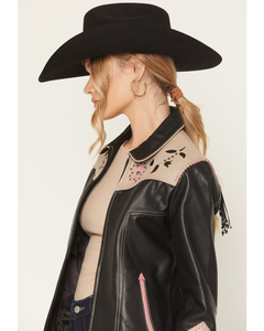 Chaqueta Vaquera de Cuero Negro Crema para Mujer con Bordado Floral Rosa, Puntadas Decorativas, Estilo Retro, Cremallera, Cuero Genuino OEM - Product Image 2