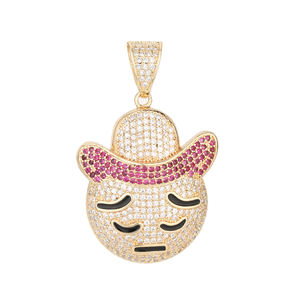 Colgante de Moissanita Chapado en Oro de 18K con Diseño de Emoji de Sombrero de Vaquero y Cara Triste, Estilo Hiphop, Encanto de Dibujos Animados, Temático y Lindo, Unisex - Product Image 1