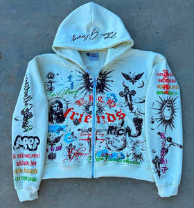 Sudadera con capucha con cremallera y estampado gráfico Vintage personalizable, ropa de calle multicolor para invierno, sudadera con patrón de letras DTF - Product Image 4
