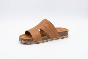 Brown Genuine Leather Flat <b>Sandals</b> Open Toe Slip-On <b>Cork</b> Midsole Rubber Outsole Summer Shoes Breathable Snakeskin Pattern - Product Image 3