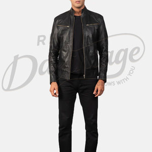 Blouson en cuir noir pour homme, véritable peau de mouton, coupe ajustée, style motard superposé, décontracté, automne-hiver - Product Image 4