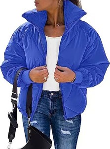 Veste matelassée courte pour femme, col montant, fermeture éclair, rembourrage épais, couleur unie, vêtement d'extérieur d'hiver - Product Image 5