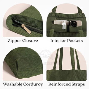 Sac fourre-tout en velours côtelé vert avec fermeture éclair, style féminin, toutes saisons, usage quotidien, 17,5x15 pouces, He She Wears - Product Image 4