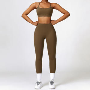 Ensemble de leggings taille haute de couleur unie pour femmes, soutien-gorge de sport, tenue de yoga, vêtements de sport extensibles en tricot, 5 couleurs disponibles - Product Image 2