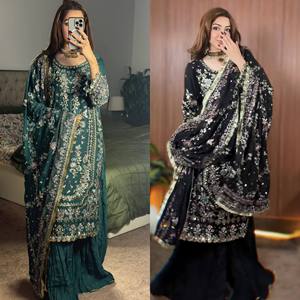Conjunto Salwar Kameez de Georgette Heavy Fox con Bordado, Top con Moti y Espejo, Pantalón con Efecto Arrugado y Dupatta, Traje Étnico Completamente Cosido - Product Image 2