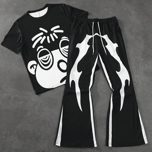 เสื้อยืดและกางเกงเซ็ตพิมพ์ลายการ์ตูนผู้ชายไซส์ใหญ่พิเศษ ผ้าฝ้ายพรีเมียม สีดำขาว สไตล์ลำลองสำหรับฤดูร้อน - Product Image 1