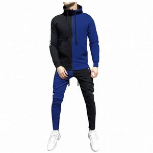 Ensemble de survêtement 2-en-1 bicolore 100 % coton pour homme, sweat à capuche à manches longues avec cordon de serrage, poches latérales, tenue décontractée et sportive respirante - Product Image 5