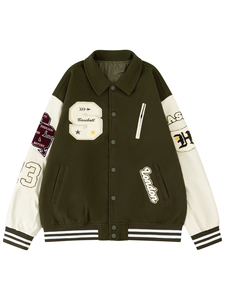 Chaqueta de béisbol universitaria de invierno para hombre, de poliéster/algodón, con cuello mandarín, bordada, con diseño de oso de peluche frontal, personalizada al por mayor - Product Image 3