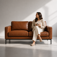 Sofá Loveseat para Sala de Estar, Estilo Moderno de Mediados de Siglo, Sofá Cama de Cuero Genuino y Madera de Caucho, Ecológico, para Escuela, Parque, Almacén