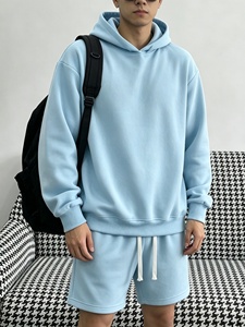 Ensemble sweat à capuche et short bleu clair pour homme, couleur unie, tenue décontractée d'été en molleton tricoté confortable - Product Image 6