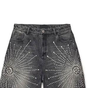 SE812 <b>Mens</b> Starburst Rhinestone Denim <b>Shorts</b> Washed <b>Black</b> Symmetrical Crystal Design Acidwash Allover Rhinestones Denim <b>Shorts</b> - Product Image 3