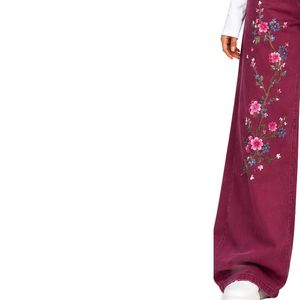 Jean large brodé floral bordeaux pour femme, taille haute, coupe ample, style vintage, décontracté, mode, vêtements personnalisés OEM ODM - Product Image 3