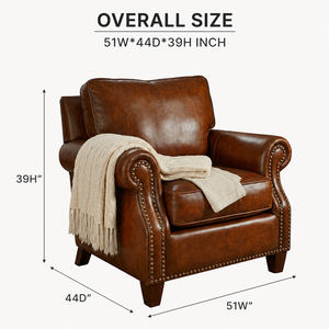 Fauteuil individuel confortable en cuir véritable, style classique avec accoudoirs roulés et garniture cloutée, pour salon et mobilier de maison - Product Image 3