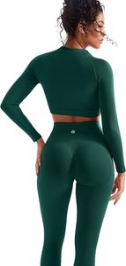 <b>Green</b> Seamless Yoga Set Women High Waist Leggings <b>Crop</b> <b>Top</b> Full <b>Sleeve</b> Sport Wear Two Piece Gym Outfit Stretchable Activewear - Product Image 2