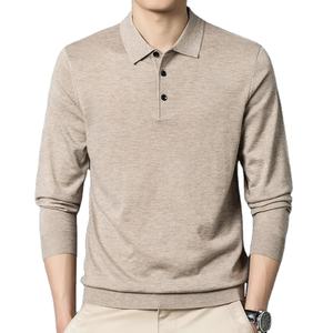 2024 automne hiver hommes d'affaires décontracté coton mélangé laine pull Mature mâle haut rabattu tricoté pour Polo col solide - Product Image 1
